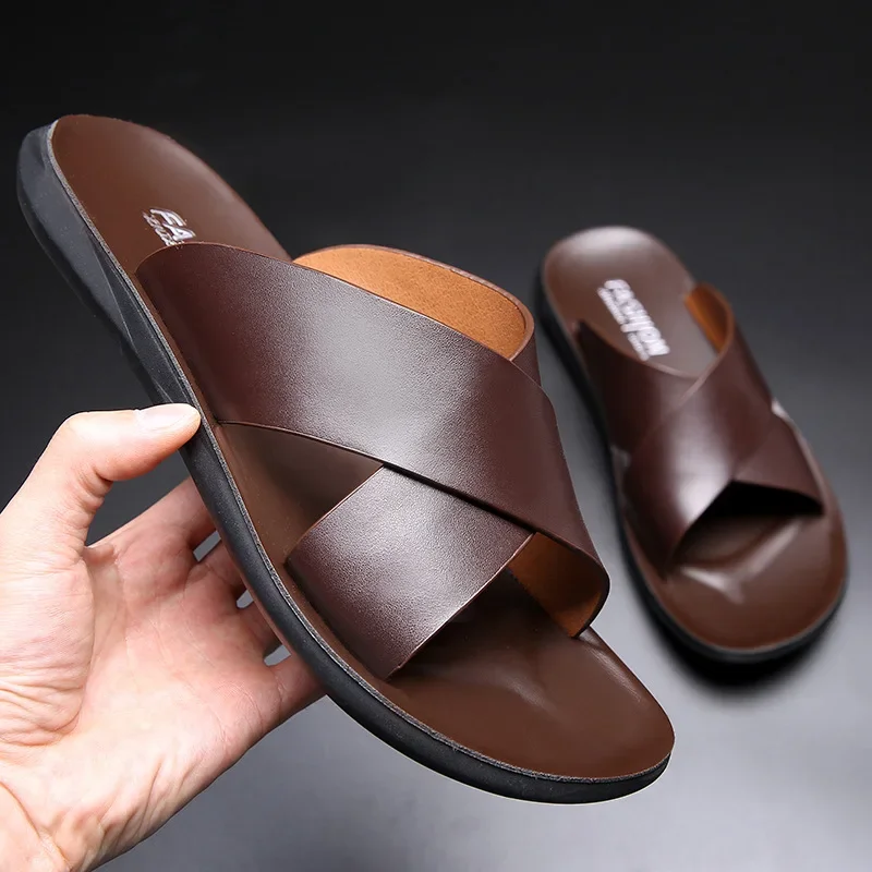 Men\'s Slippers Fashion Genuine Leather Slippers Shoes Summer Soft Sole Comfortable Men Sandals Outdoor Casual Walking Flip Flops