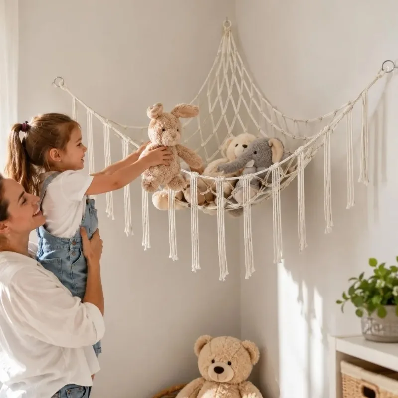 Stuffed Animal Storage Hammock Macrame Corner Hanging Organizer Cotton Rope Net with Hooks for Plush Nursery Bedroom Room Decor