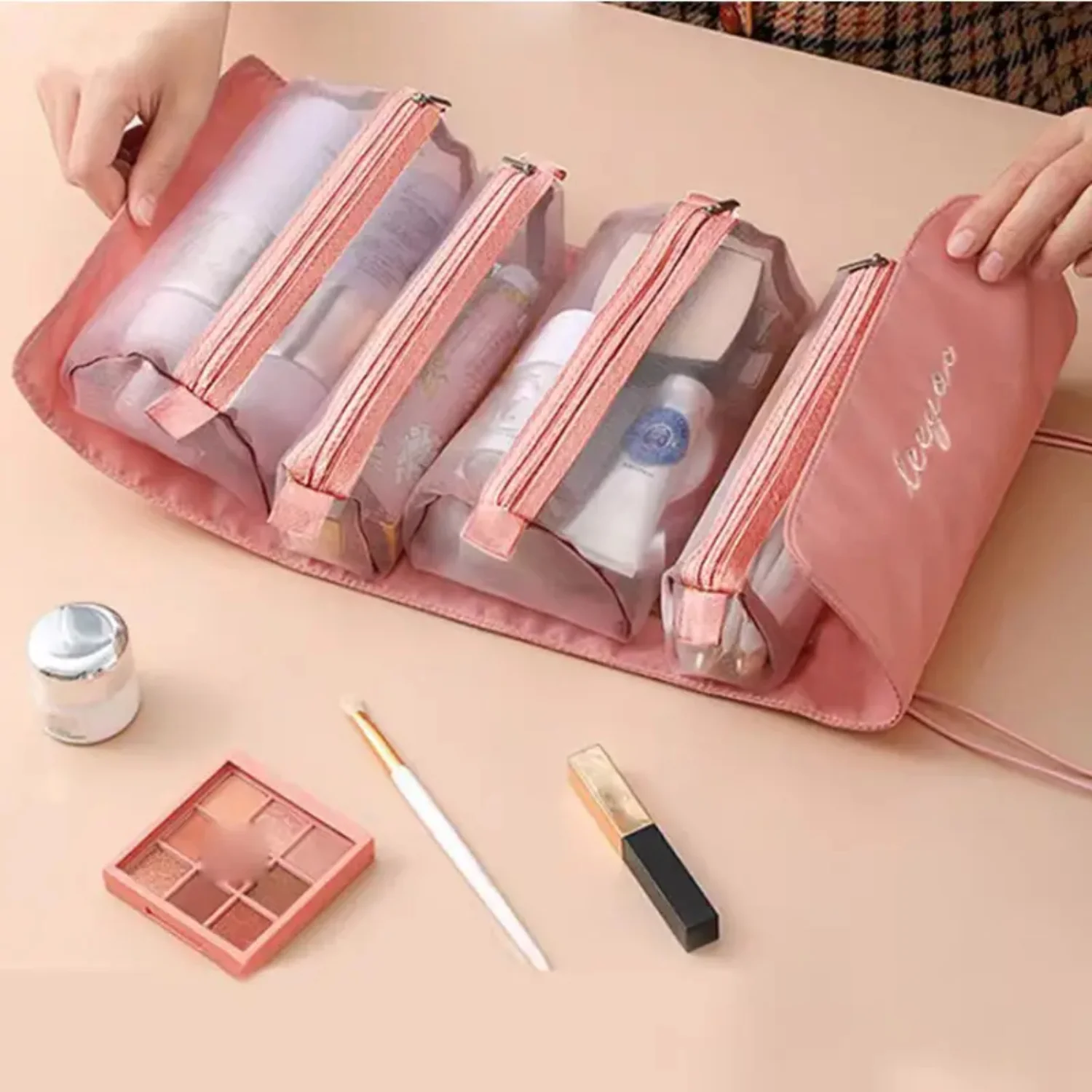 Trousse de toilette portable en cuir imperméable avec fermeture éclair, sac cosmétique de voyage de grande capacité, rangement pour le visage des voyageurs unisexes