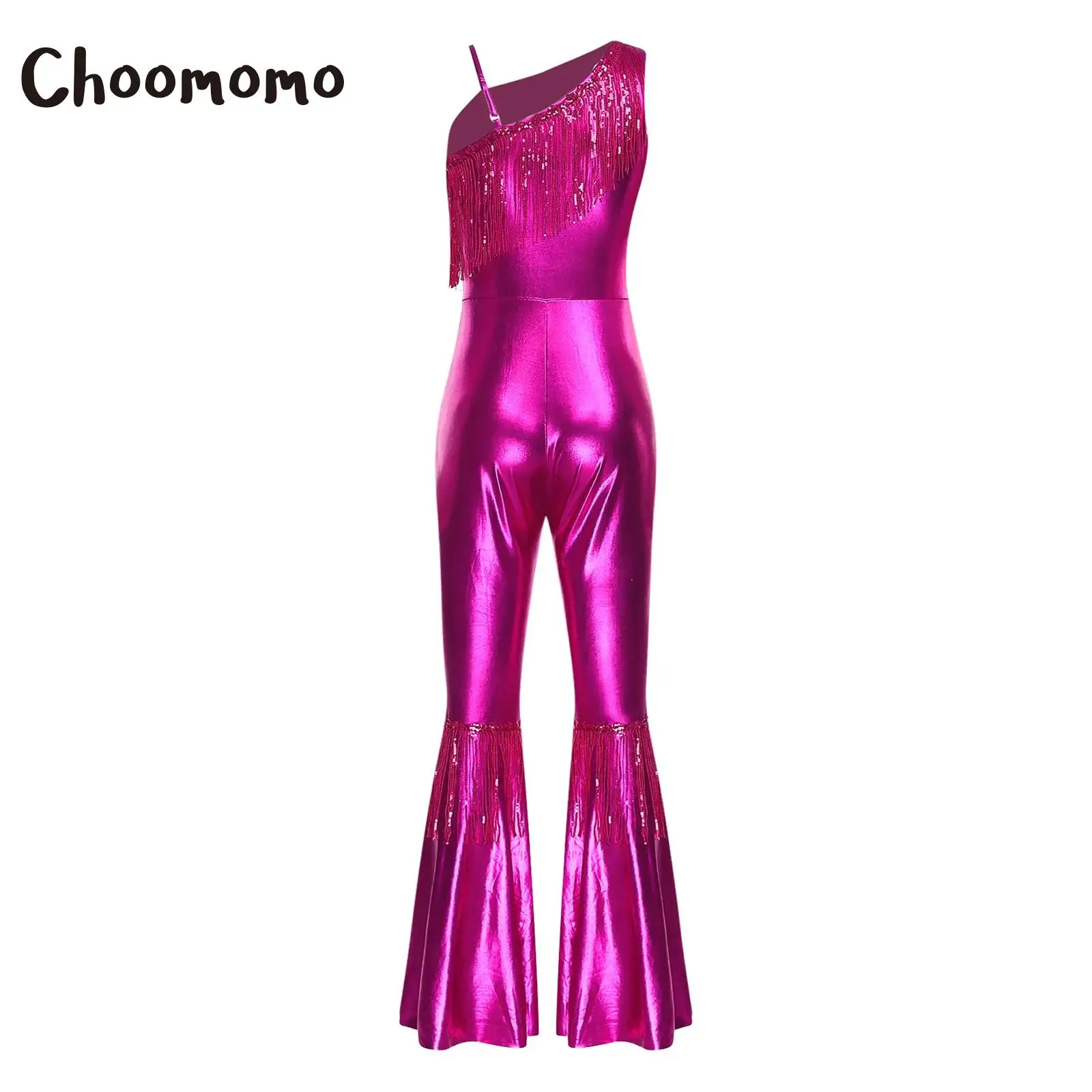 

Womens Vintage 70s 80s Disco Dance Jumpsuit Sequin Tassels One Shoulder Hippie Bell Bottom Bodysuit Metallic Shiny Jazz Rompers
