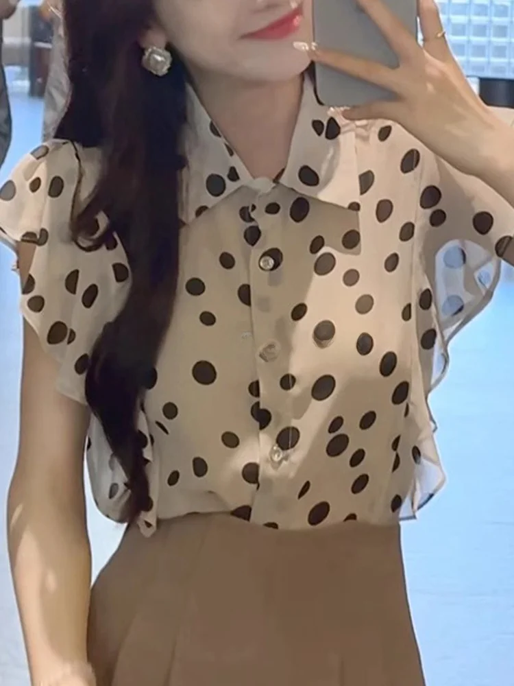 

Rouje Kefss Polka Dot Design Loose Short Sleeve Women's Shirt Summer 2025 New Style Rectangular Shape Sandglass Waistli...