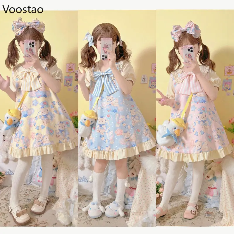 Summer Japan Style Kawaii Lolita OP Dress Girls Cute Cartoon Navy Bear Print Party Dresses Sweet Loose Bow Ruffles Mini Dress