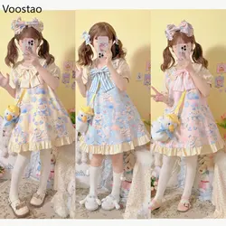 Summer Japan Style Kawaii Lolita OP Dress Girls Cute Cartoon Navy Bear Print Party Dresses Sweet Loose Bow Ruffles Mini Dress