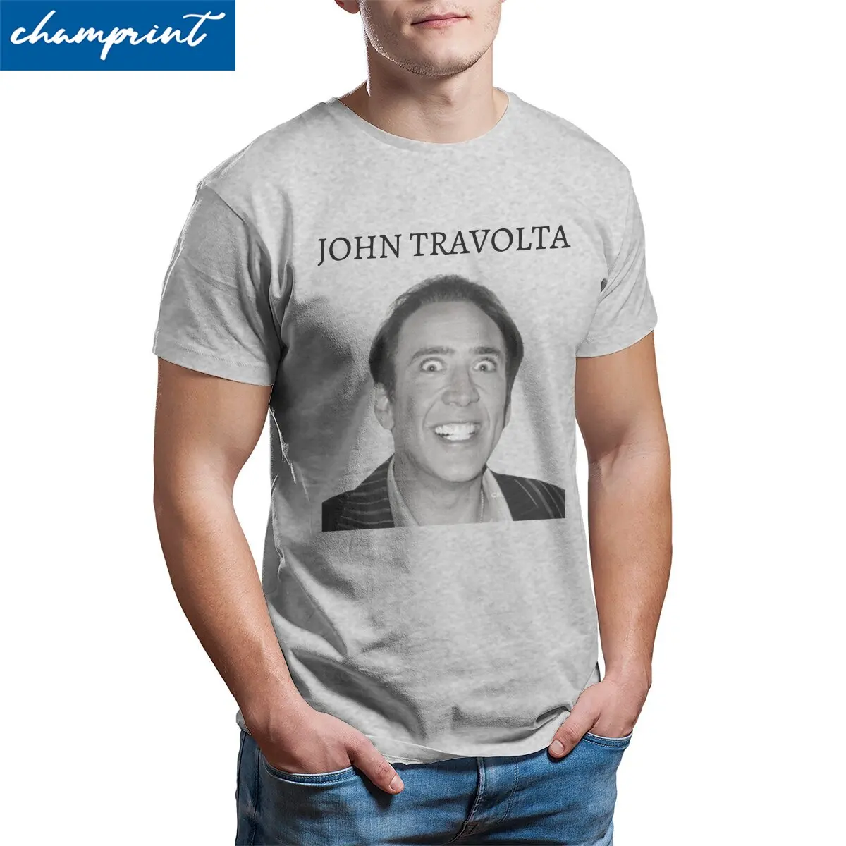 John Travolta Nicolas Cage Funny Meme Men\'s T Shirt  Funny Tees Short Sleeve O Neck T-Shirts Pure Cotton Big Size Clothing