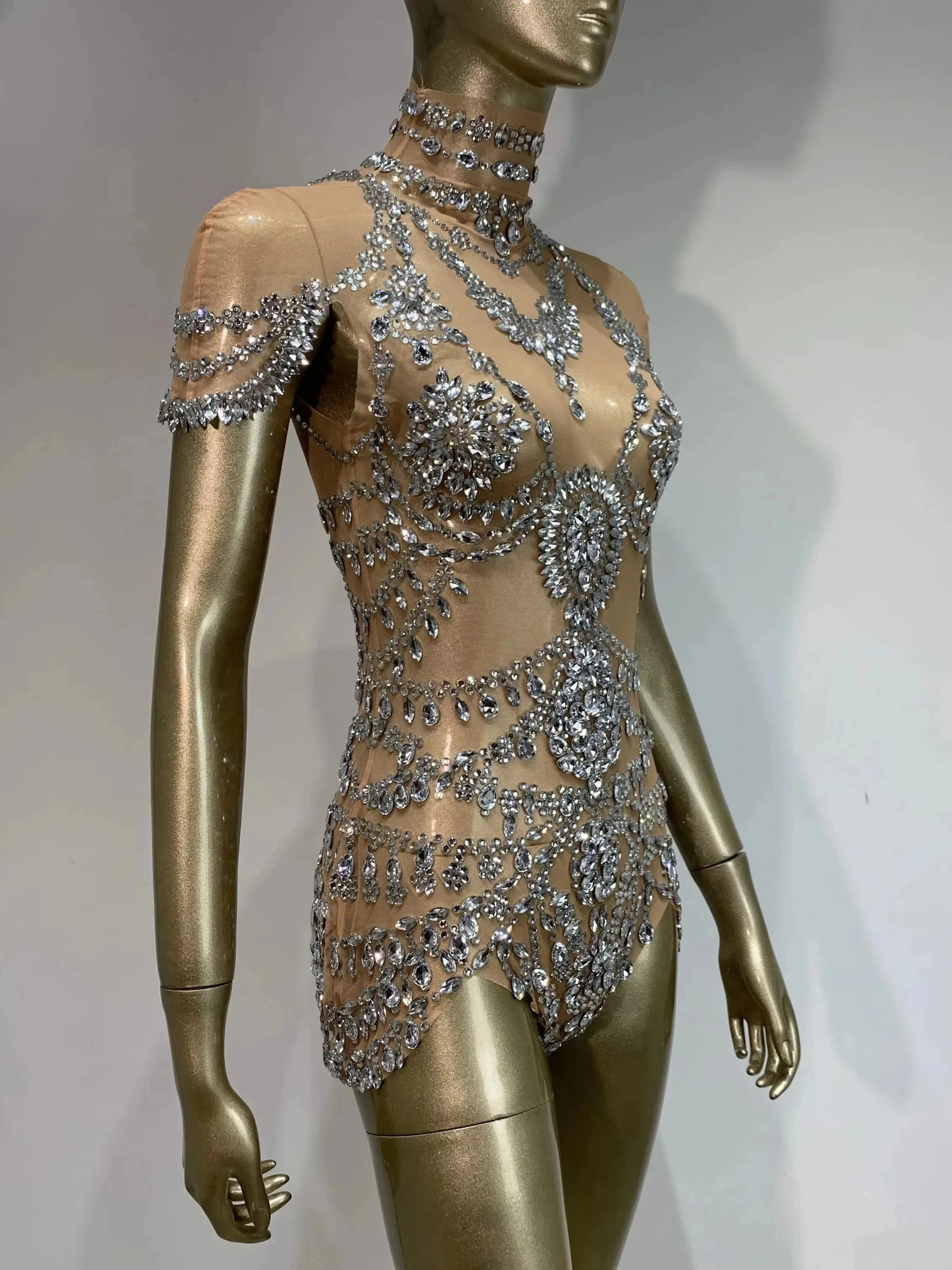 Women Luxury Sexy Crystal Diamonds Beige Bodysuit Birthday Party Costume Bar Nightclub Stage Performance Outfit