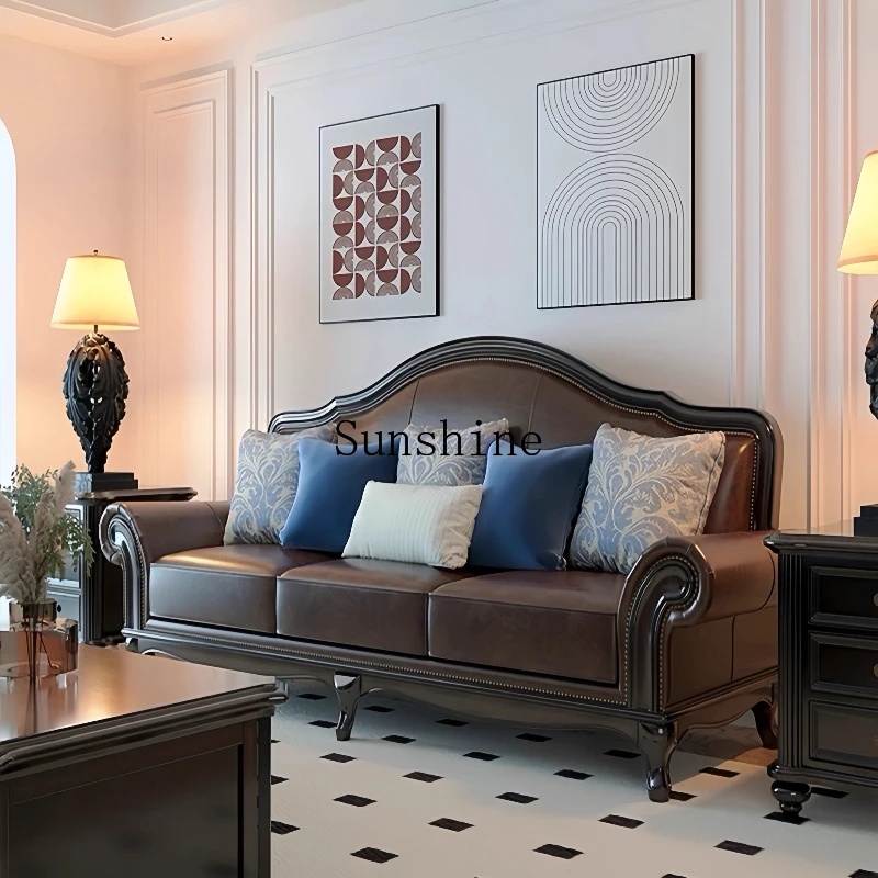 classic solid wood sofa combination living room small apartment first layer cowhide light luxury 1234 person combination