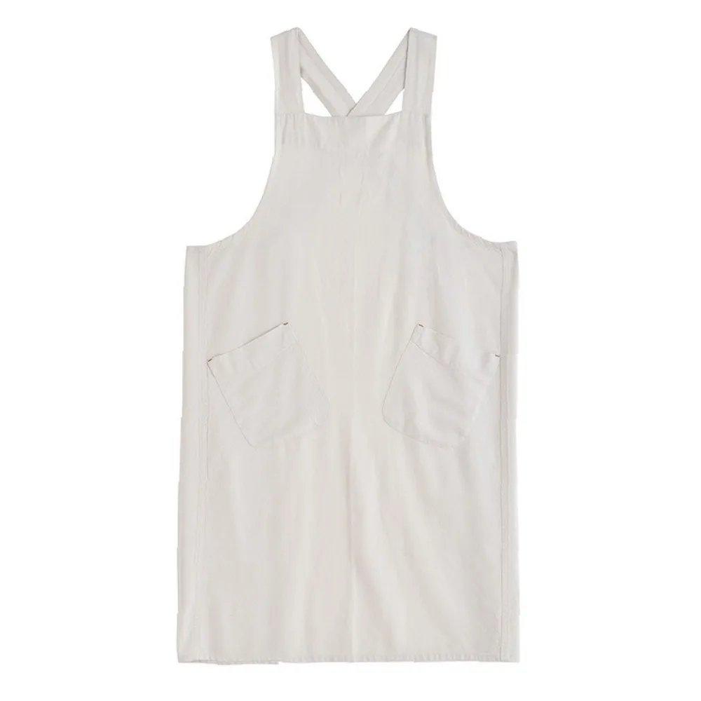 

Japanese Style Kitchen Apron with Pockets Long Pinafore Dress Solid Color Cross Back Cotton Linen Apron Coffee Florist