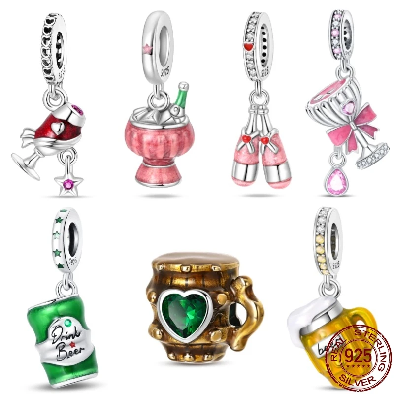 100% Real S925 Sterling Silver Beer Series Charms Fit Original 3mm Pan Bracelet For Women Birthday Fine Jewelry Gift Hot
