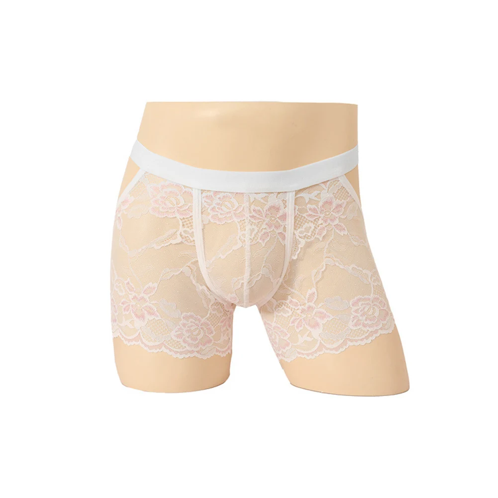 Men Lace Exquisite Jacquard Sheer Boxer Shorts Underwear Sexy Open Butt Trunks Sissy Lingeries Flat-Angle Men Tights