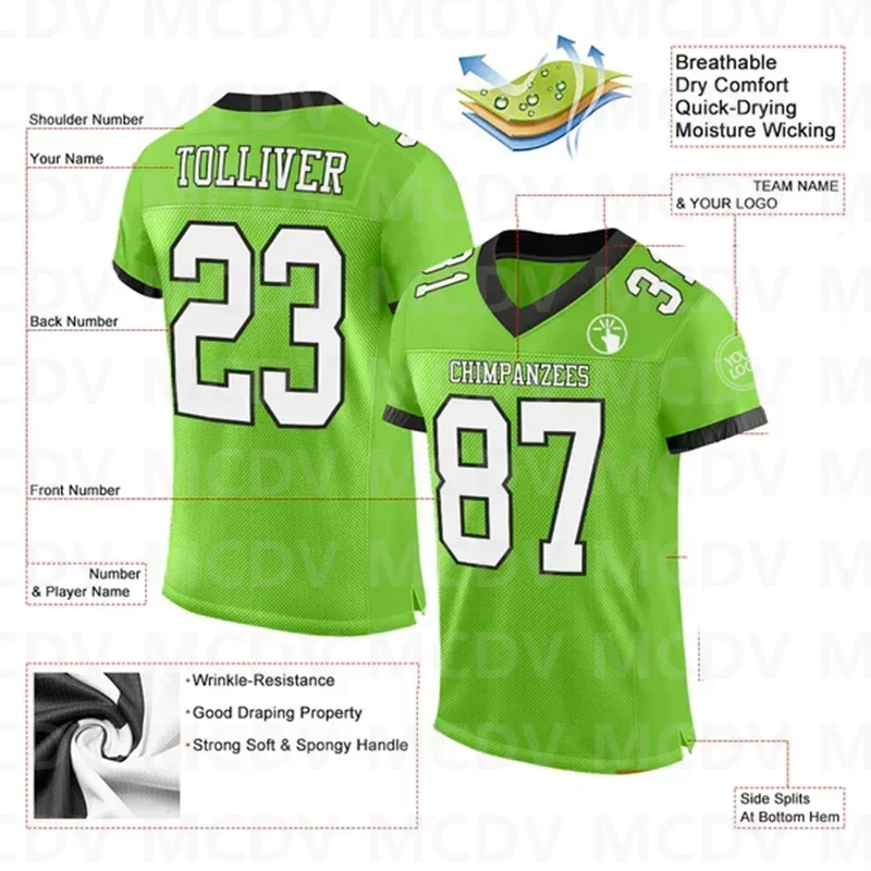 Custom Neon Green White-Black Football Jersey Short Sleeves Athletic Tee Shirts Unisex Top streetwear