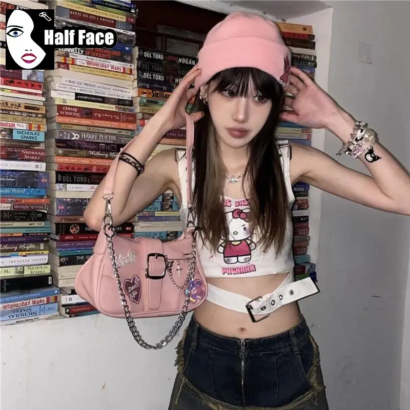 Y2K Spicy Girls Harajuku Women's Gothic Pink Punk One Shoulder Advanced Design Underarm Lolita Chain Design Crossbody Bags Tote