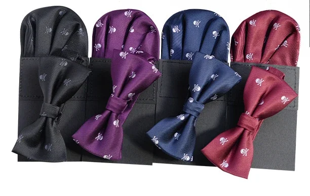 포켓 스퀘어 해골 꽃무늬 손수건, 활 넥타이 세트, 한국 버전 삽입, 남자 파티 클럽, Hanky Bowties, 할로윈 선물