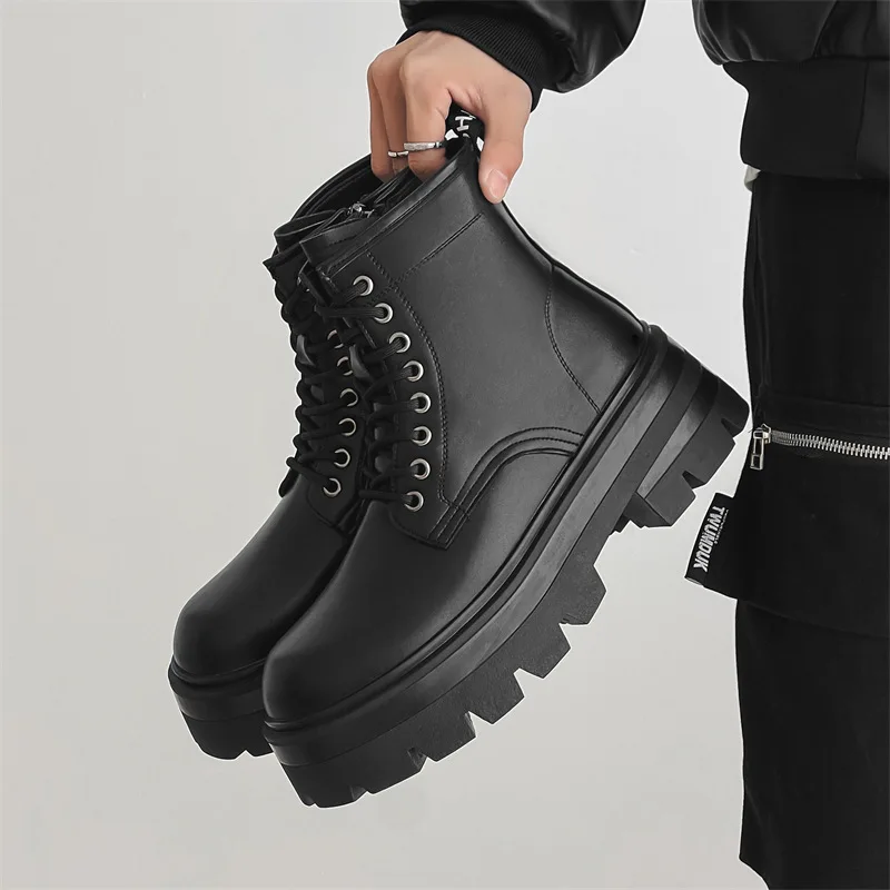 

Мужские модные ботинки на платформе в стиле панк-рок, обувь из натуральной кожи на шнуровке, ковбойские весенне-осенние ботинки, черные модные ботильоны, botas masculinas