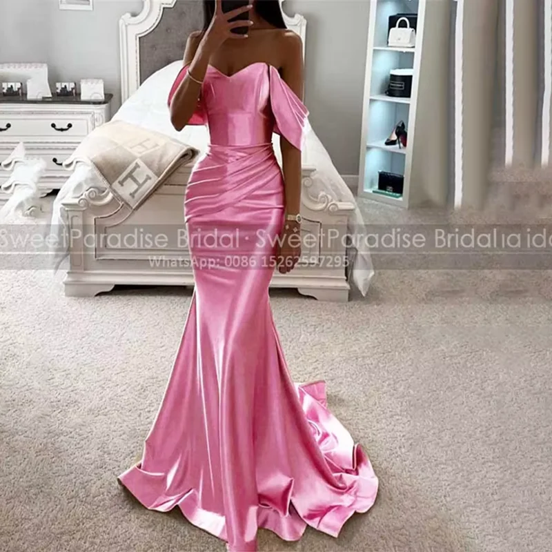 Customized Pleat Mermaid Bridesmaid Dresses Long Off Shoulder Trumpet Dark Pink Party Dress Wedding Guest For Women