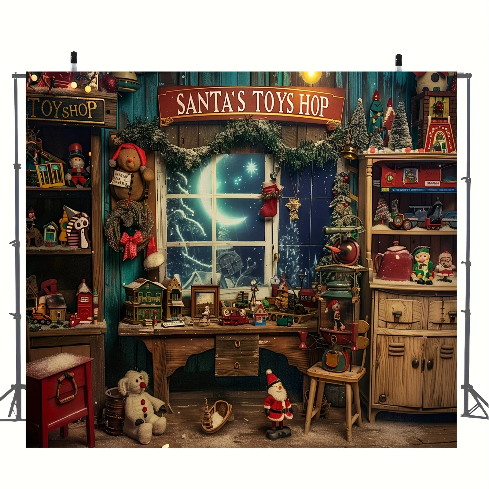 Santa Claus Toy Store Christmas Background Cloth - Snow and Moon Patterns, Suitable for Family Portraits and Party Decoration