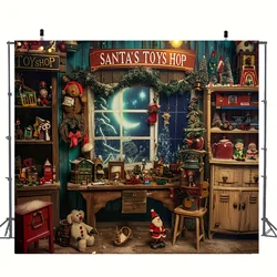 Santa Claus Toy Store Christmas Background Cloth - Snow and Moon Patterns, Suitable for Family Portraits and Party Decoration