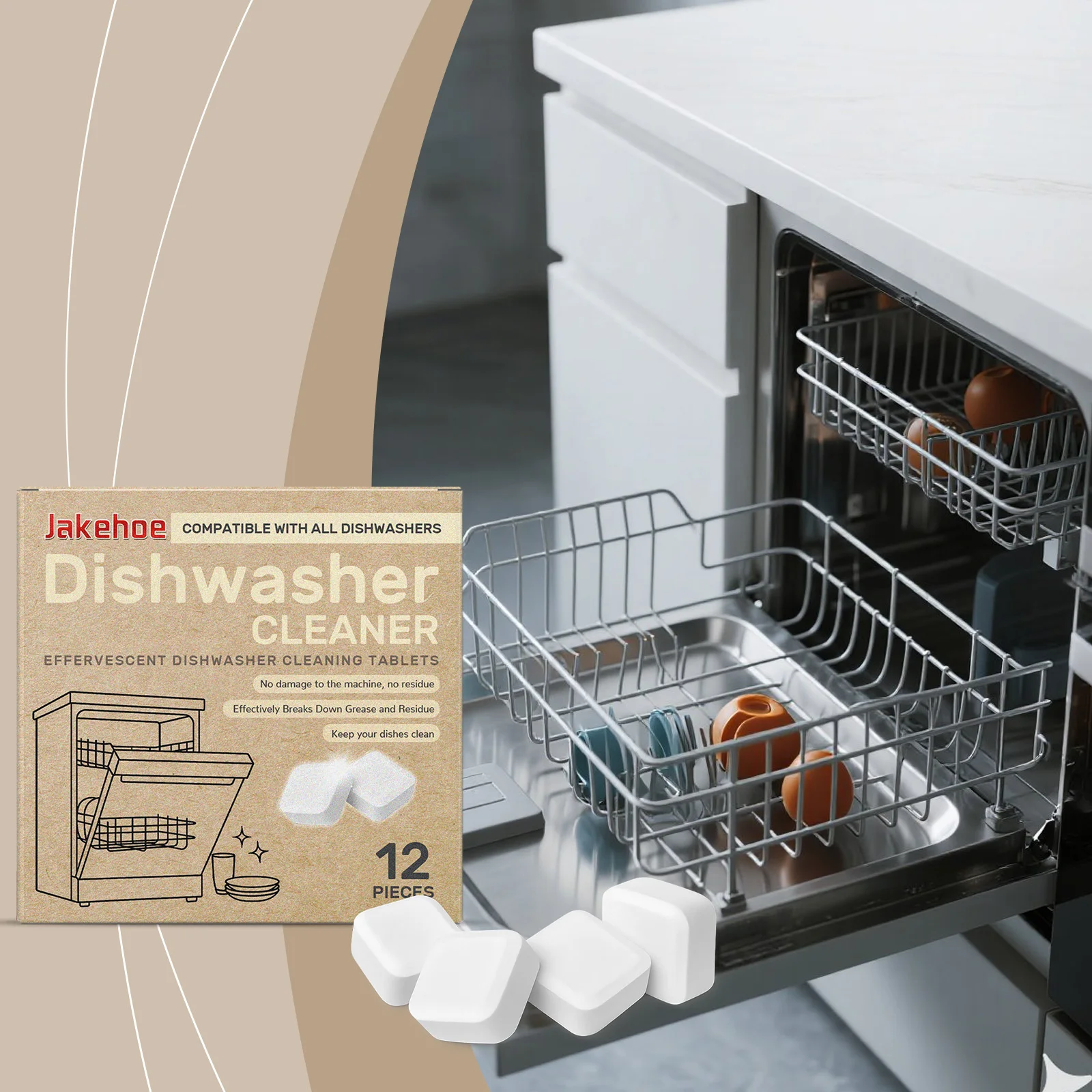 Jakehoe Dishwasher Degreasing Cleaning Tablets Household Dishwasher Utensil Stain Scale Removing Effervescent Tablets