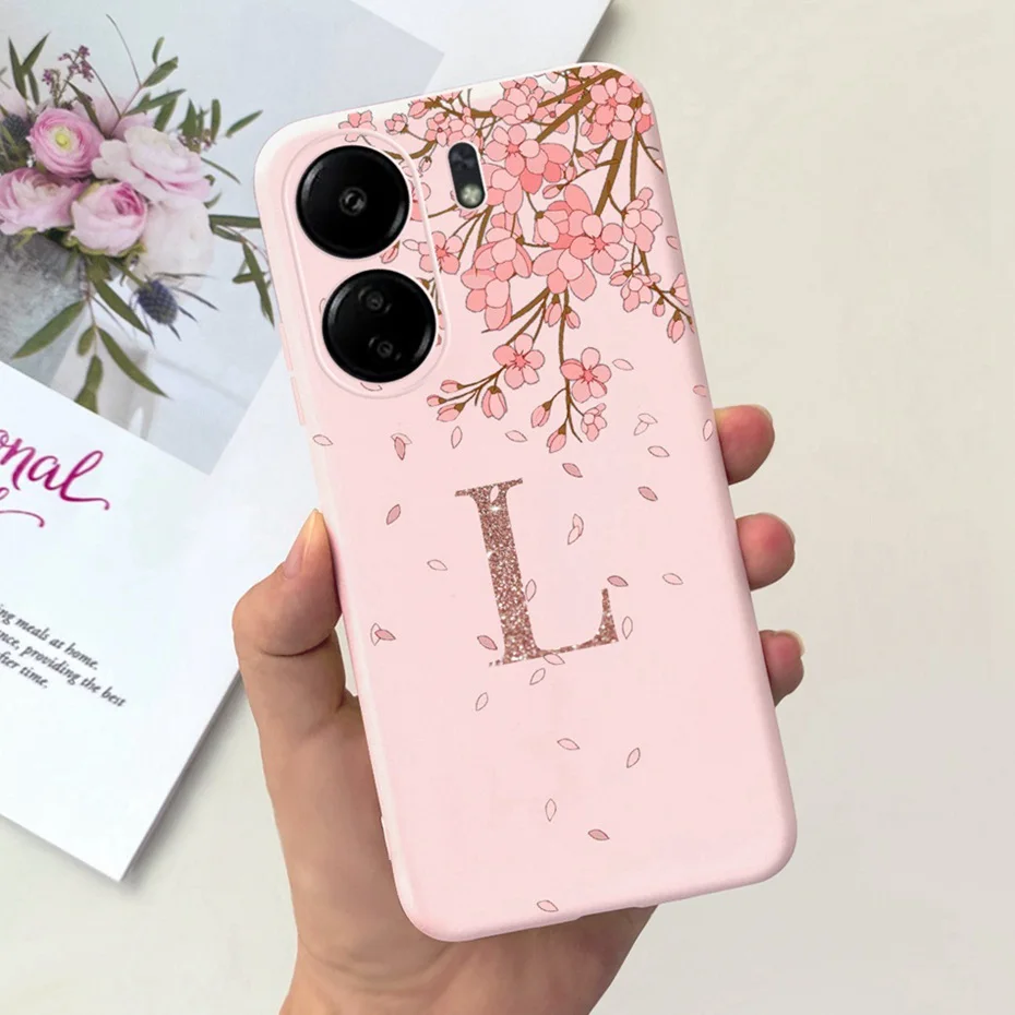 Case For Xiaomi Redmi 13C Fashion Crown Sakura Initial Letter Phone Bumper For Redmi 13C 4G Redmi13c Soft Silicon Back Cover