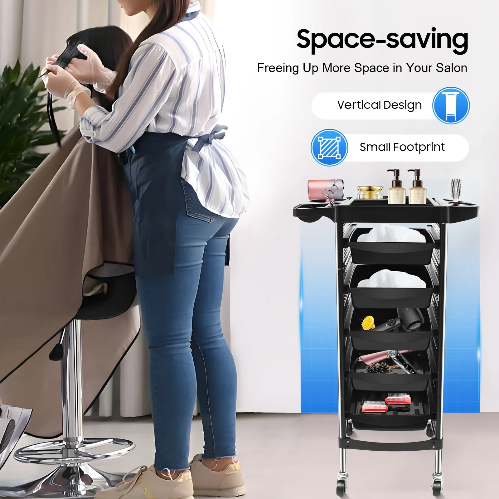 5-stufiger Salonwagen mit großer Kapazität für die Friseursalonstation, platzsparender rollender Schönheitswagen für zusätzliche Aufbewahrung,