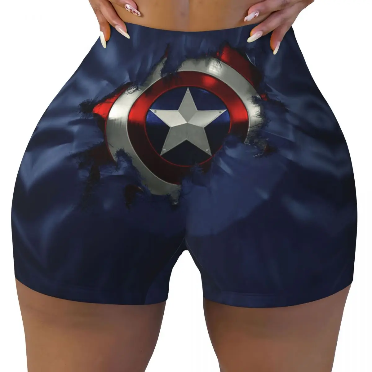 Custom Captain America Shield Comic Blue Running Volleyball Workout Shorts for Women Athletic Gym Yoga Shorts