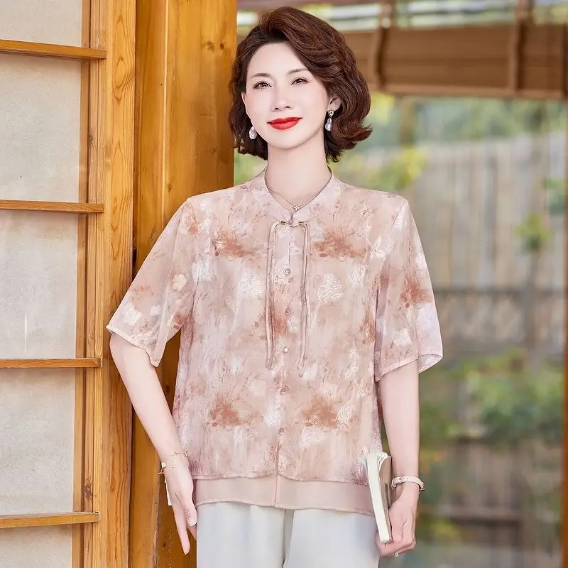 

Elegant Women's Summer Chiffon Blouse Mid-Sleeve Lightweight Loose Age-Defying Top