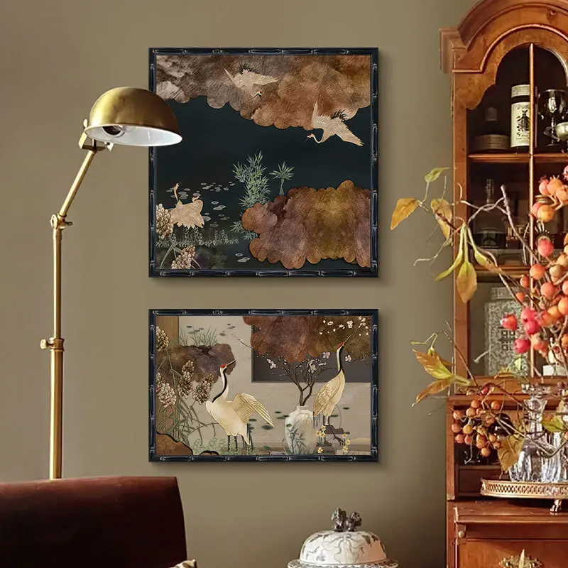 vintage living room bedroom decorative painting, high-end dressing table crane hanging painting