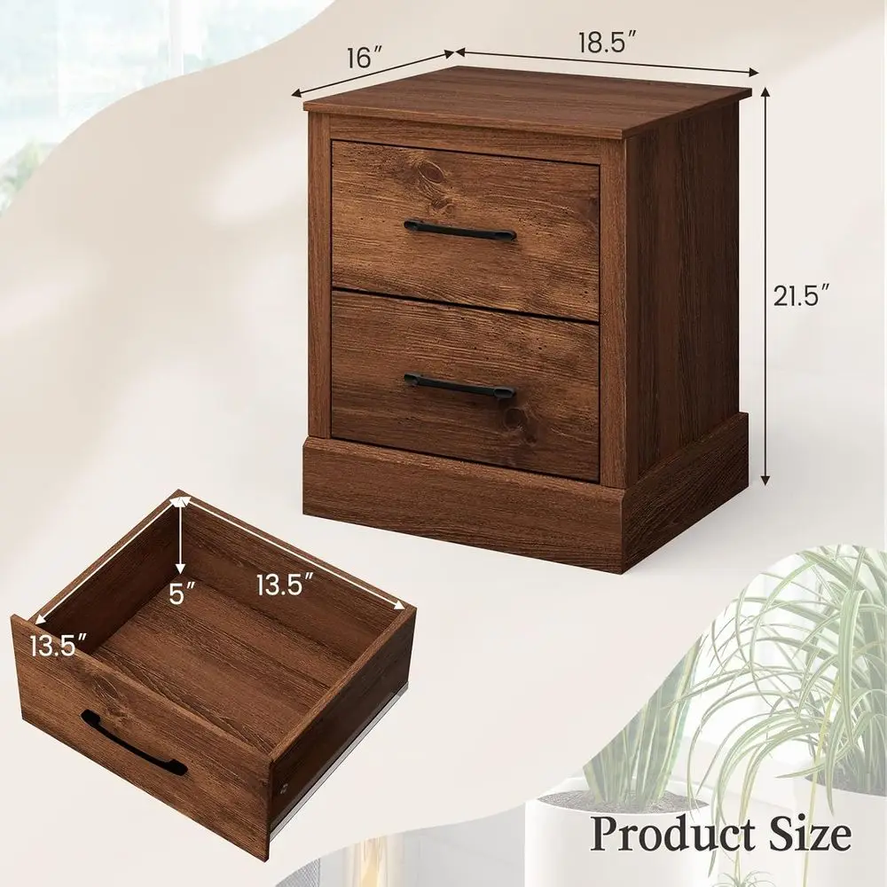 Farmhouse Nightstand Set of 2, Wood Bedside Table with 2 Storage Drawers, Compact Floor Night Stand, Walnut Accent Sofa Side Tab - view 3