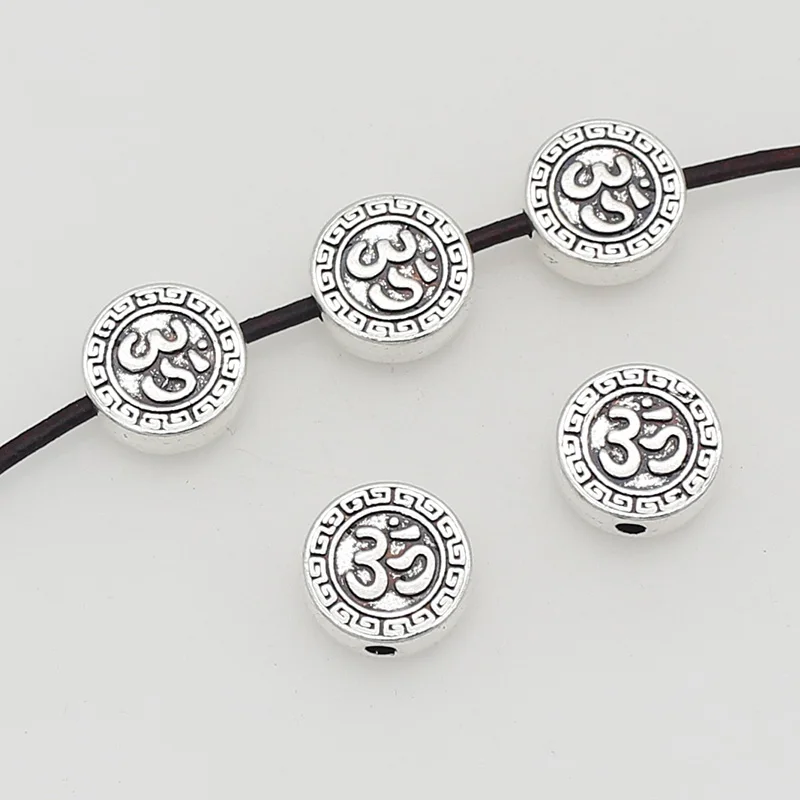 10pcs/Lot Religious Flat Round Buddhism Prayer Loose Beads 12mm Buddhist Symbol Charms Bead Spacers DIY Jewelry Accessories