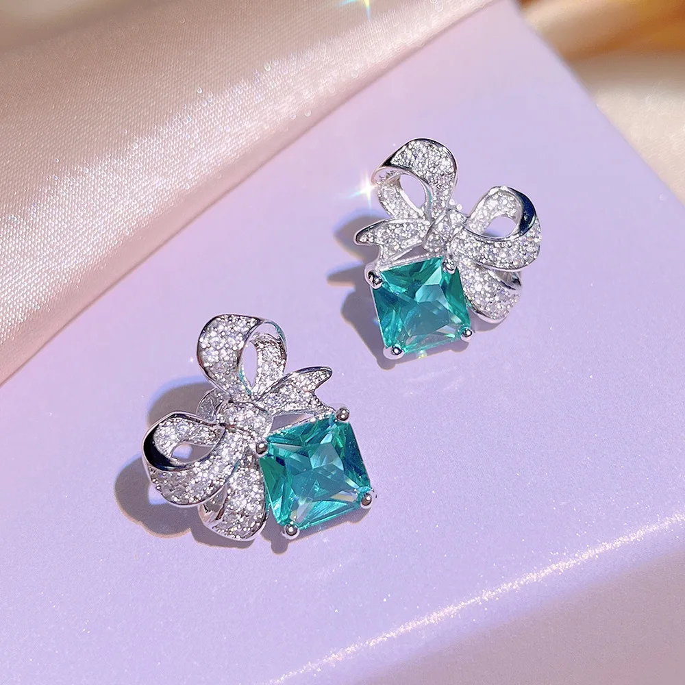 Classic Bowknot Emerald Stud Earring 925 Sterling Silver Rainestone Pendant Necklace/Ring/earring Women Jewelry Wholesale
