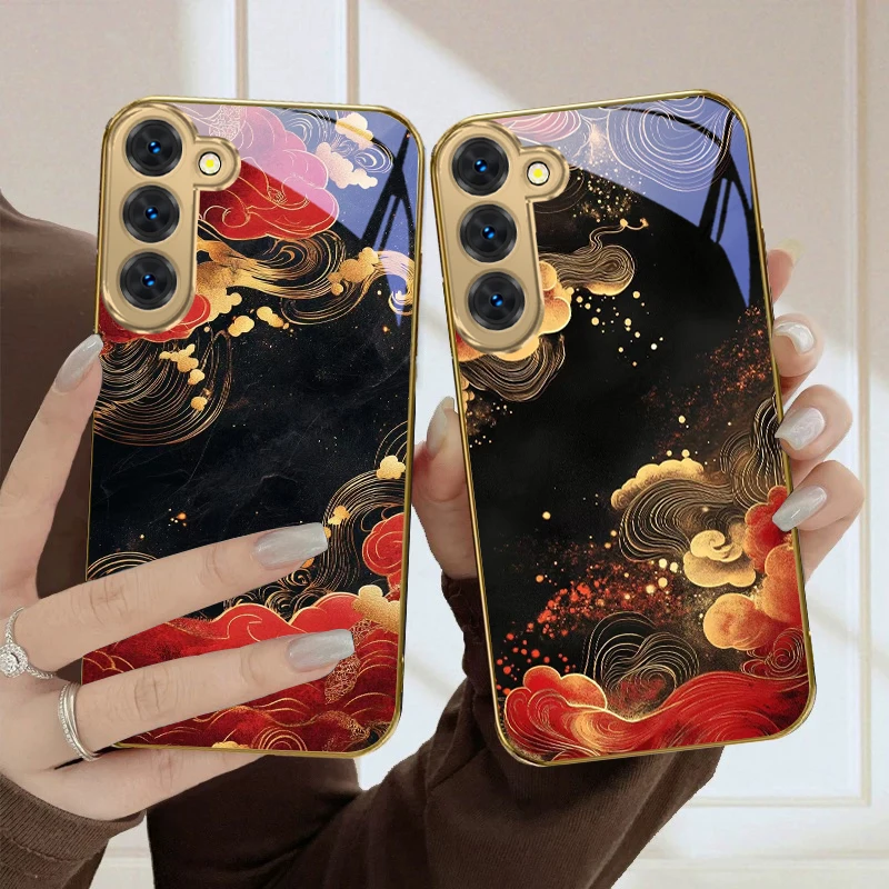 Red vortex pattern For Samsung Galaxy S26 S20 FE S21 Ultra S23 Plus S24 Ultra S25 S21+ S22Plus S26 S24 Golden glass phone case
