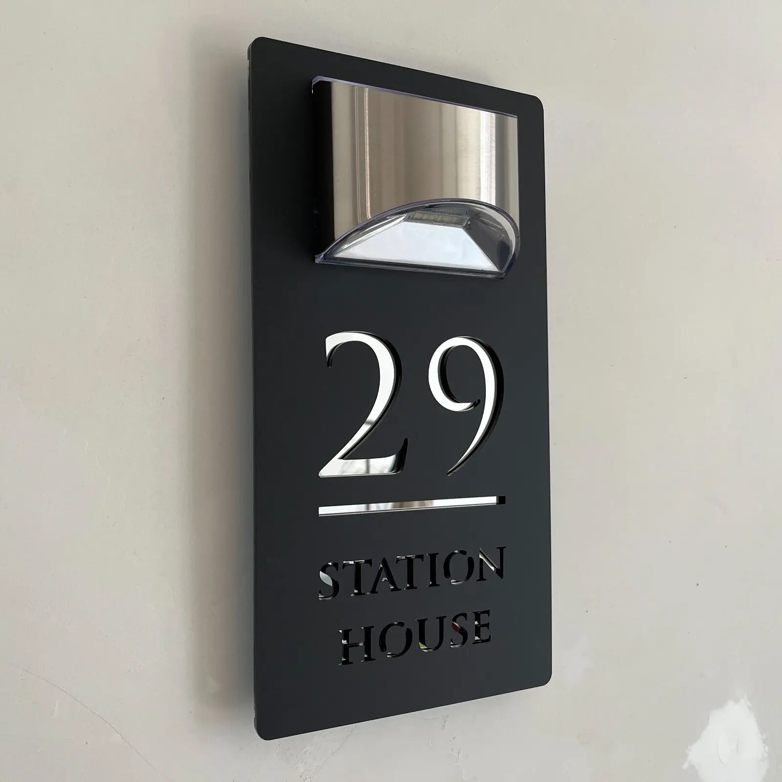 29cm Premium Solar House Sign LED Illuminated Laser Cut Contemporary Modern Door Number Plaque Matte Black White Mirror Silver