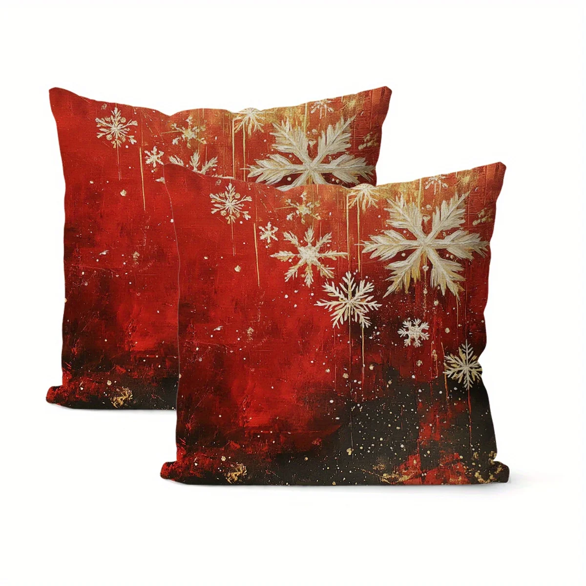 2pcs Christmas-Themed Abstract Art Throw Pillow Covers, 18x18 Inch, Red Golden Snowflake Design, Washable Polyester Fabric