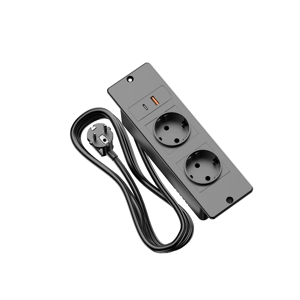 Embedded Power Strip 2 AC Outlets 1 Fast Charge USB‑A 1 Type‑C Port 1.5m Extension Cord for Desk Furniture Installation