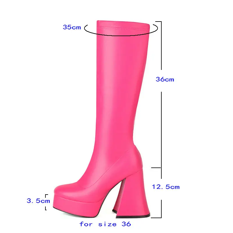 2024 Women Knee High Boots Platform Square High Heel Ladies Calf Boots PU Leather Round Toe Side Zipper Dress Women\'s Shoes