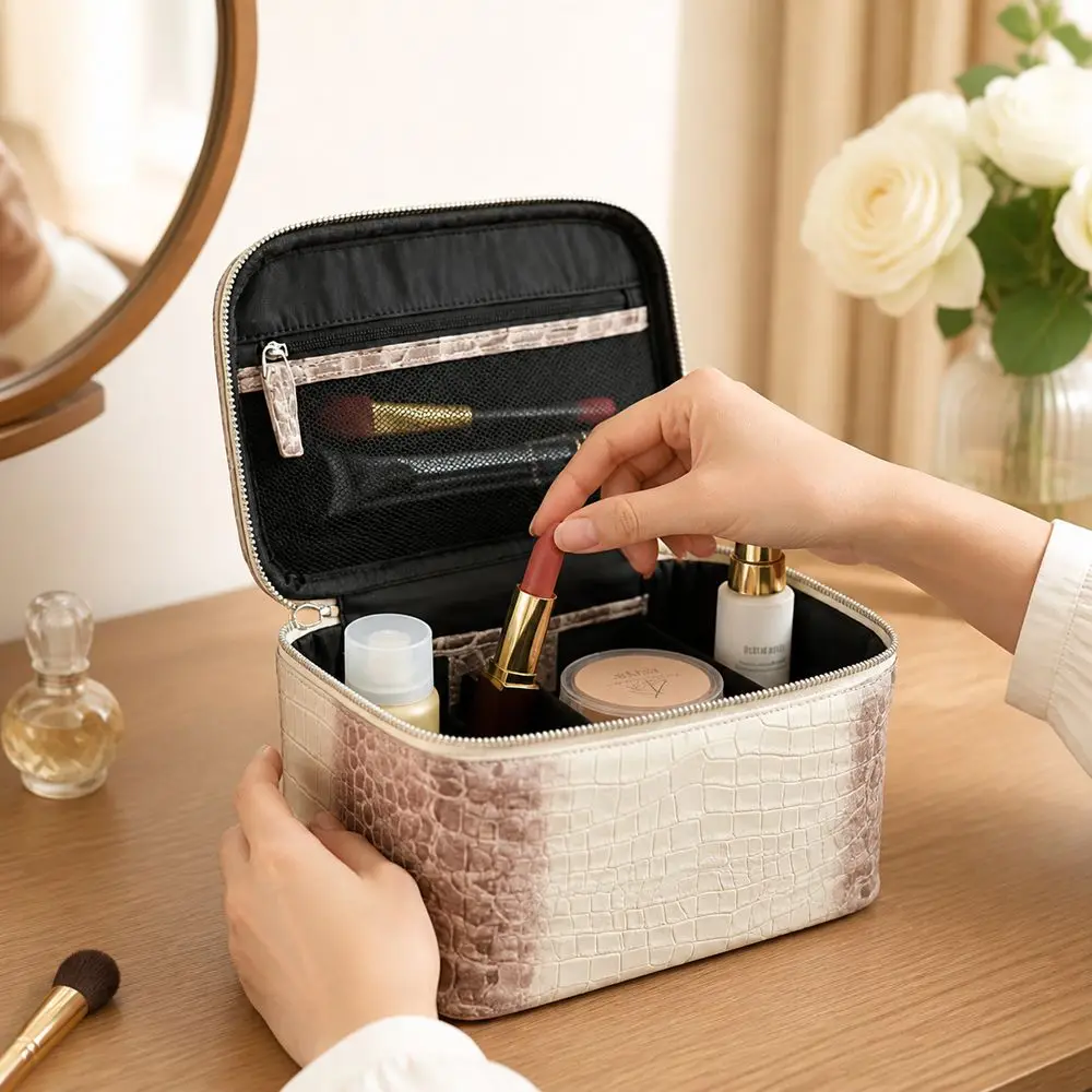 Cosmetic Storage Case Makeup Bag PU Leather Multiple Compartments Cosmetic Organizer Bag Crocodile Embossed Double Zipper