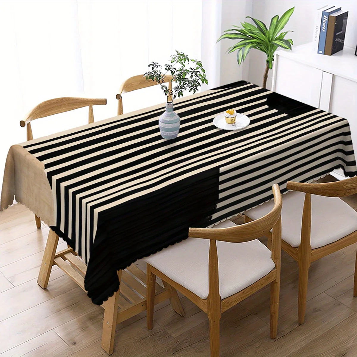 1pc Retro Geometric Line & Round Pattern Rectangular Tablecloth, Fan-shaped Edge Polyester Table Cover for Home Dining Kitchen