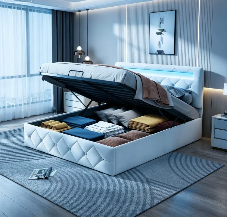 Cama Tapizada en Terciopelo Rosahqnda 140x200 Cm, Cama Juvenil con Función de Almacenamiento, Cama Doble con Tira de Luces LED de Colores, Beige