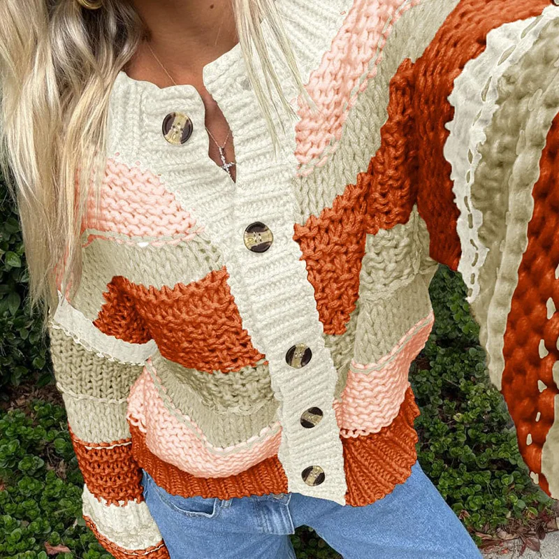 Neue 2025, lässig Oansatz Langarm Pullover Elegante Warme Lose Gestrickte Pullover Gestreiften Kontrast Taste Herbst Winter Pullover