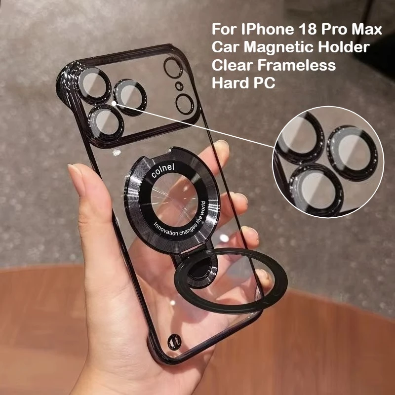 Coque de téléphone avec cadre plaqué et support magnétique sans cadre pour iPhone 18 Pro Max 17 16 15 14 13, coque rigide transparente en PC, protection de l'appareil photo en verre
