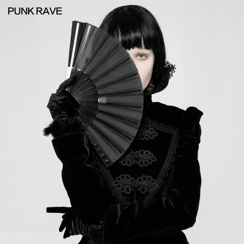 PUNK RAVE Punk Visual Kei Black Solid Fabric Rivet Unisex Hand Fan Goth Performance Accessories Cosplay