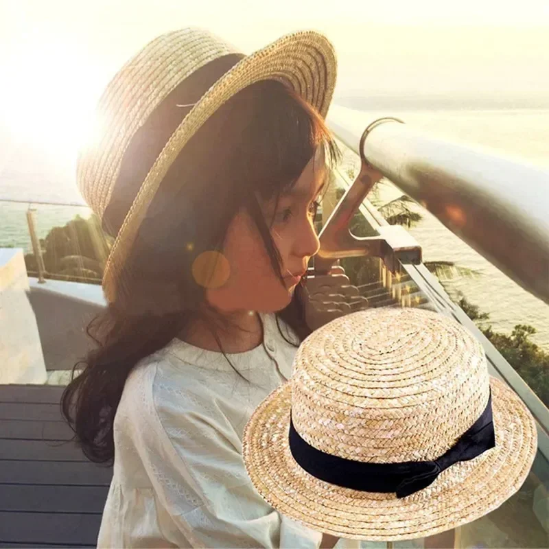 Children\'s Fashion Creative Gifts Head Decor Straw Hat Summer Flat Top Beach Straw Hat Bow Grass Woven Flat Edge Sun Straw Hats