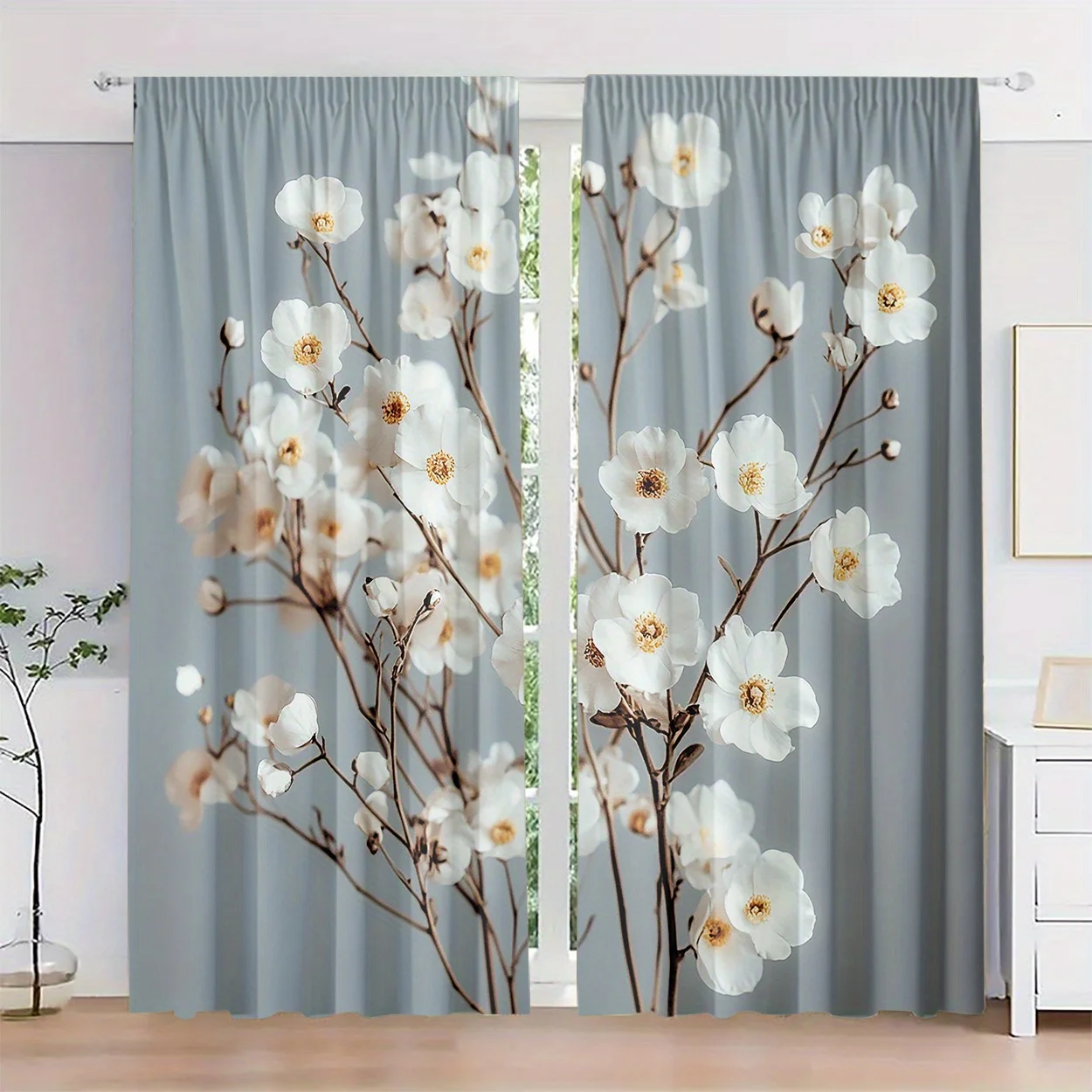 

2pc Gray curtains with white floral pattern, made of polyester fabric, machine washable, suitable for living room bedroom décor.
