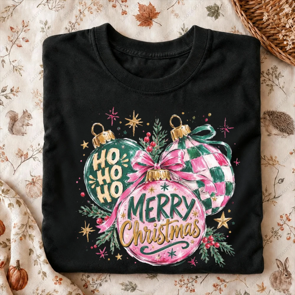 Merry Christmas Pink Plaid Ornaments Ho Ho Ho Watercolor Print Women Xmas Holiday Party Short Sleeve Winter Festive Graphic Tee