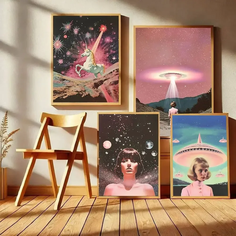 Vintage Psychedelic Pink Alien UFO With Woman Prints Canvas Painting Retro Poster Art With Prints Home Bedroom Decoration Gift