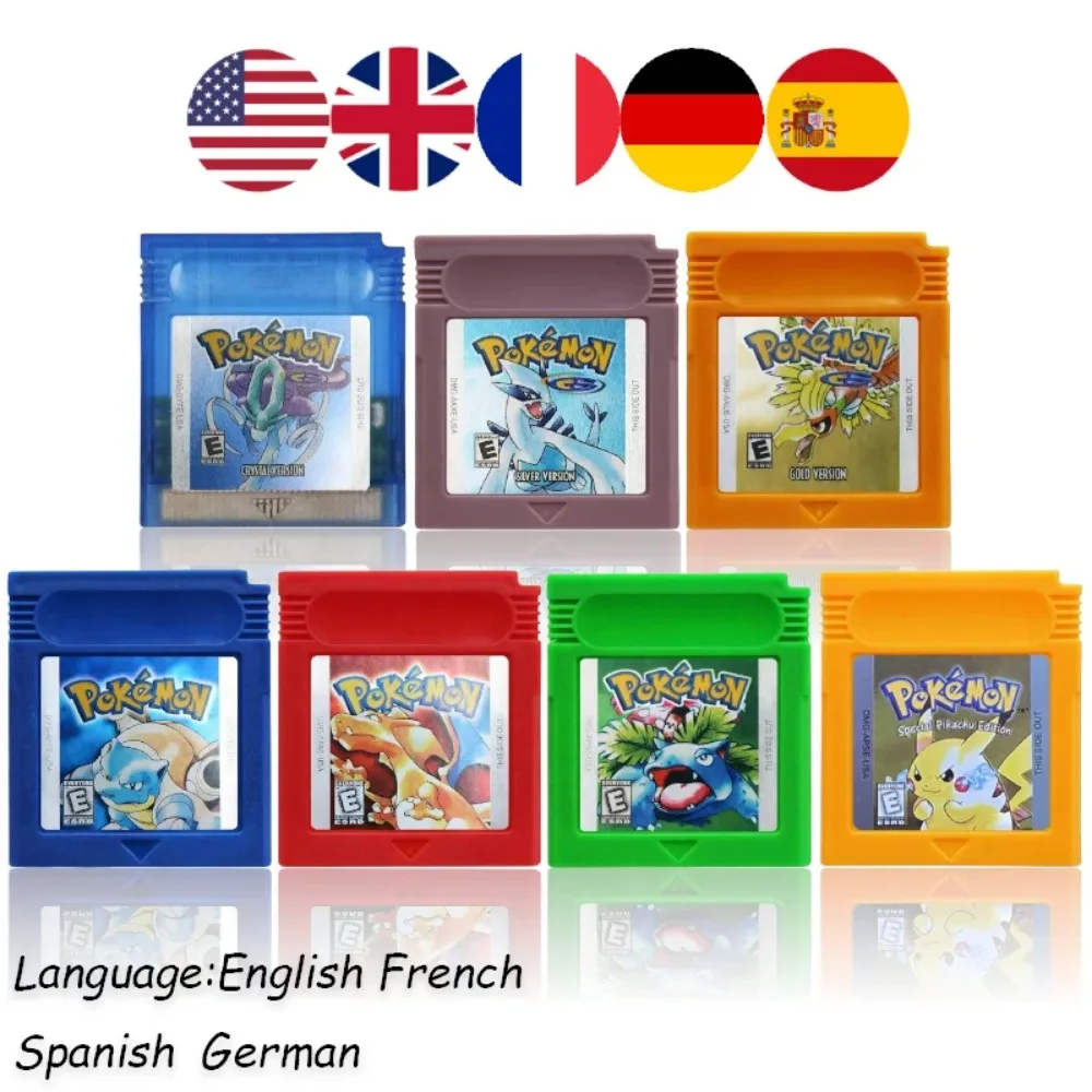Paquete de Cartuchos Pokémon GBC para EE. UU./Europa/España/Francia/Noruega, Rojo/Azul/Cristal/Dorado/Plateado/Amarillo/Verde, Tarjeta Multilingüe