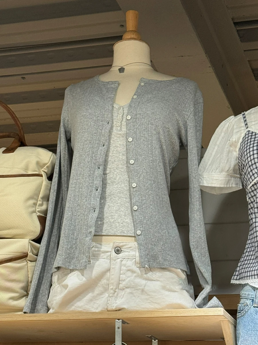 

Серый кардиган с люверсами, футболка с длинными рукавами, женская однобортная футболка с кружевной отделкой и круглым вырезом, хлопковые тонкие милые универсальные футболки, новые