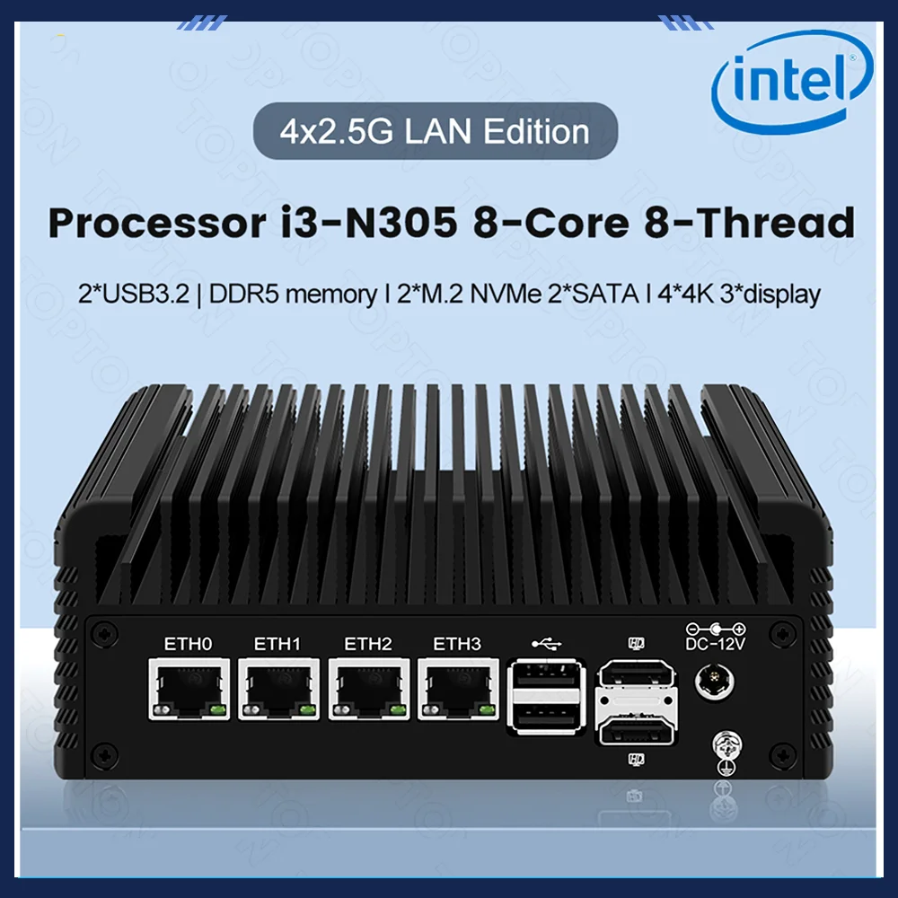 

Безвентиляторный мини-ПК Intel i3-N305 N100 4xi226-V 2,5G DDR5 4800 МГц 2 * NVMe 2 * USB3.2 4 * USB2.0 2 * SATA брандмауэр маршрутизатор Proxmox сервер