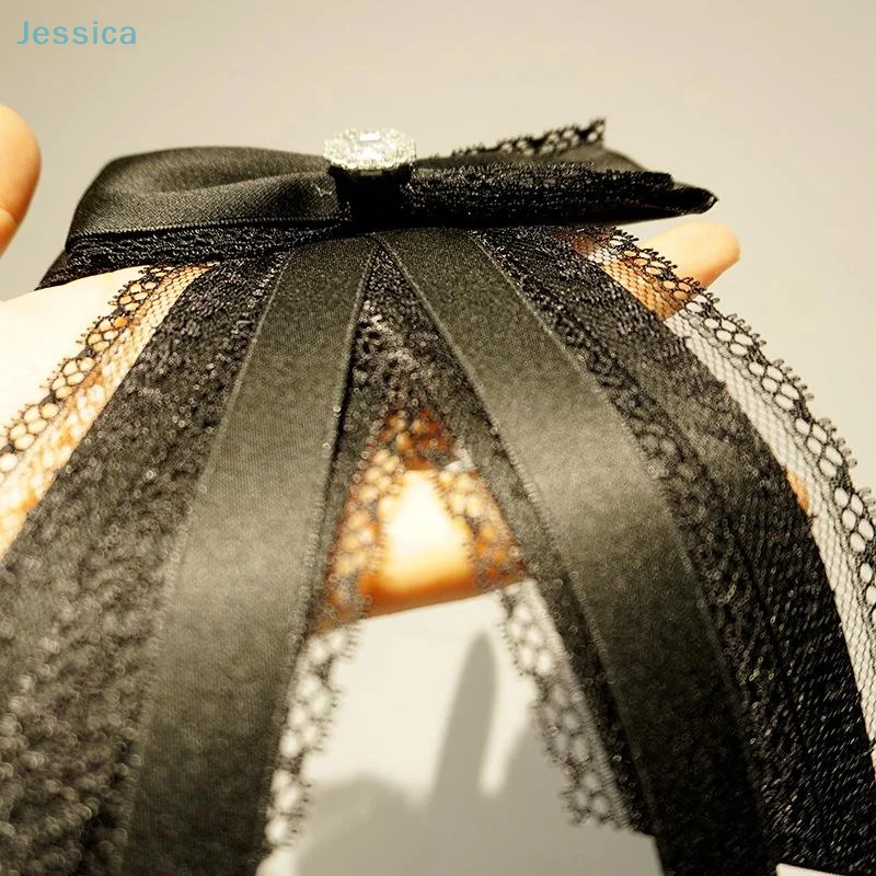 ♥ الكورية نمط أنيق الشريط ربطة القوس فيونكة بروش النسيج الدانتيل حجر الراين ربطة العنق قميص طوق دبابيس ودبابيس اكسسوارات نسائية #5