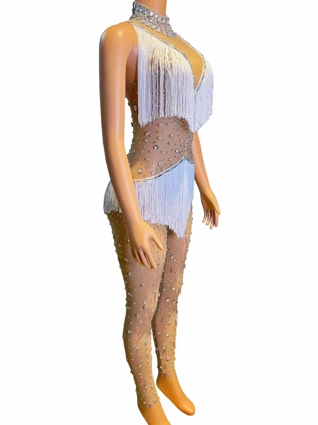 Błyszczące cyrkonie frędzle kombinezon dla kobiet seksowna siatka przezroczysty strój do klubu nocnego piosenkarka tancerz występ na scenie kostium