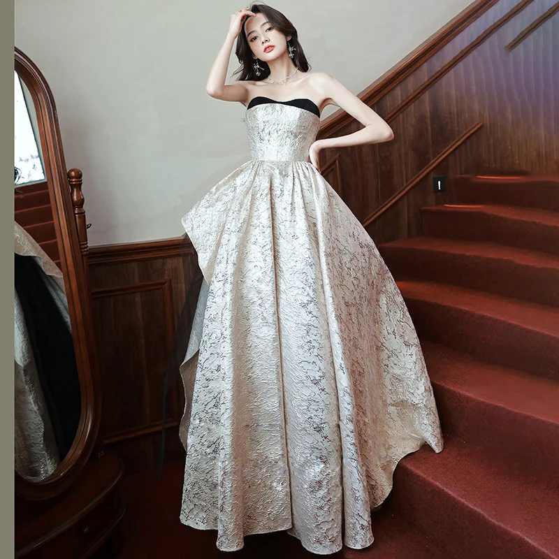 

Exquisite Strapless Evening Dresses French Style Elegant Irregular Floor Length Ball Gown Female Quinceanera Dress